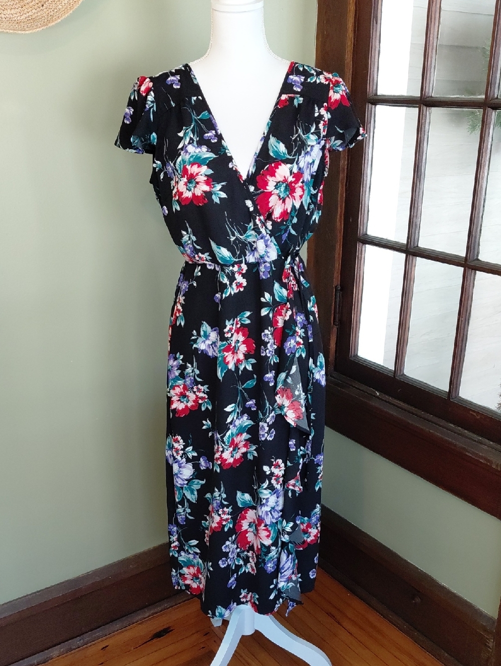 Xhilaration Black Floral Midi Dress with Red, Purple & Teal Accents